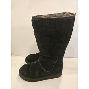 UGG Knightsbridge Black Suede Shearling Tall Zip Boots Womens Size 6 &7